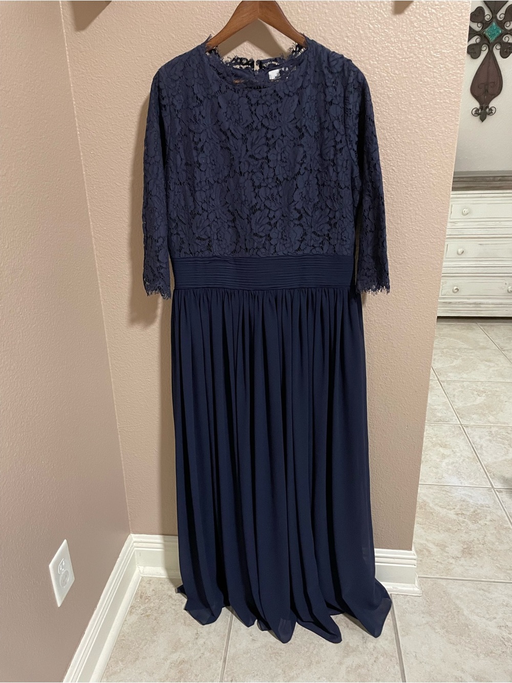 Dainty Jewells Navy Lace Maxi Dress with Pleated Waist